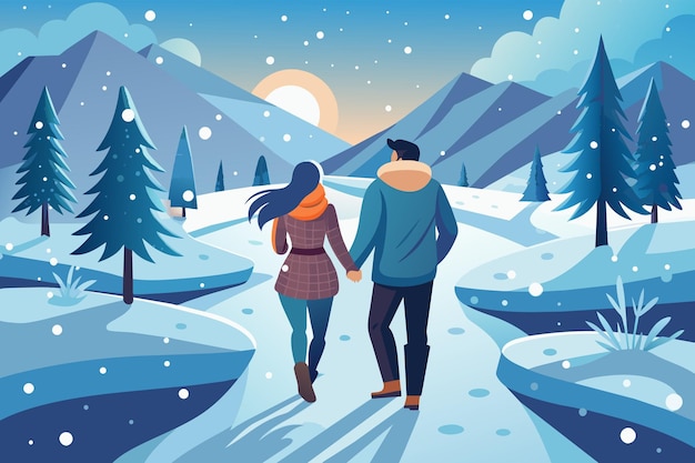 Vecteur les pas des couples grinçant doucement dans la neige alors qu'ils marchent côte à côte à travers la scène hivernale tranquille