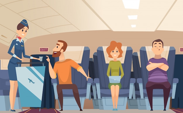 Vecteur passagers avia. hôtesse d'embarquement offre de la nourriture à l'homme assis en arrière-plan de dessin animé de planche d'avion