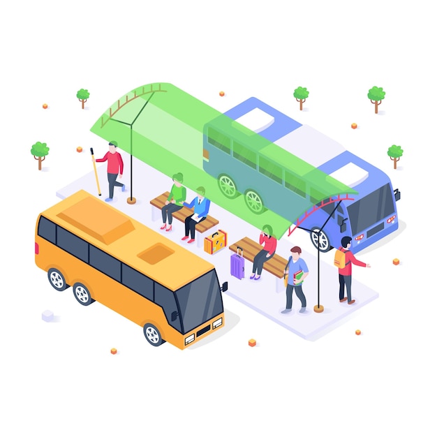 Passagers du bus en attente de l'illustration isométrique du bus