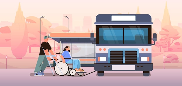 Vecteur passagers handicapés montant dans le bus avec l'aide de personnes en fauteuil roulant dans un environnement urbain convivial concept de voyage accessible illustration vectorielle horizontale