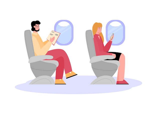 Passagers Pendant Le Vol En Avion Illustration De Dessin Animé De Vecteur Plat Isolé