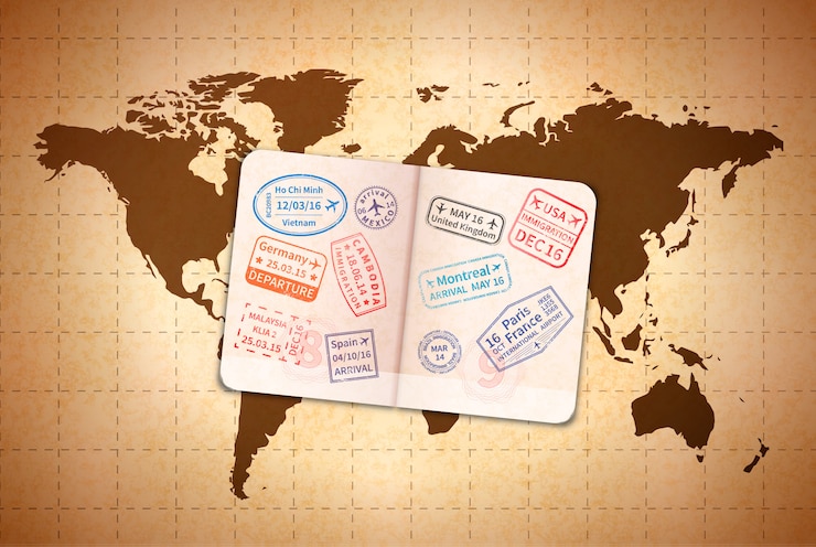 Vecteur passeport étranger ouvert avec des timbres de visa internationaux sur l'ancienne carte du monde sur du vieux papier