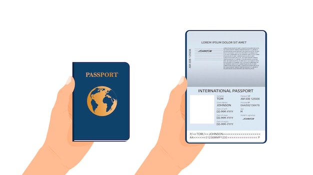 Vecteur passeport en main passeport ouvert passeport détenu par quelqu'un document international