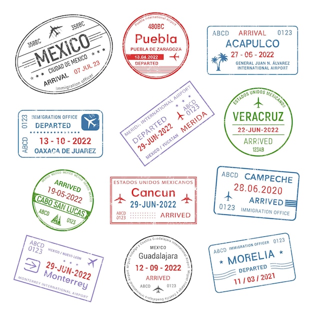 Vecteur passeport timbres de voyage visa aéroport ville mexicaine