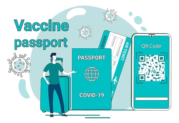Passeport de vaccin et code QR Personnes avec un passeport et une valise sur fond de vaccins