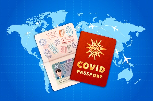 Passeport De Vaccination Covid-19 Avec Visa De L'ue Sur La Carte Du Monde Avec Les Routes Aériennes