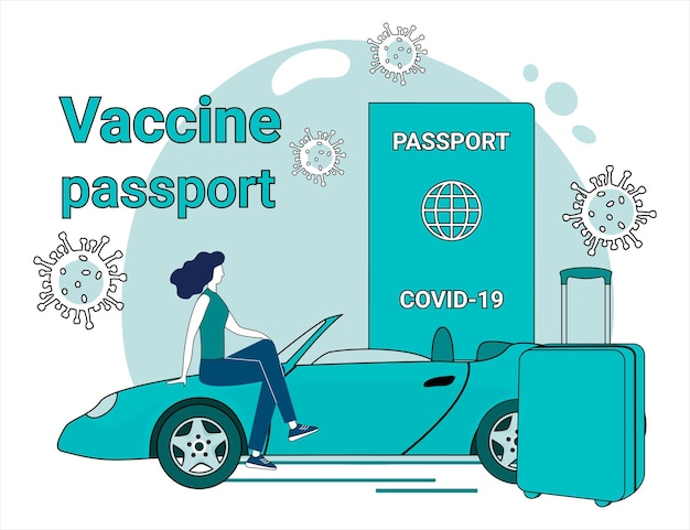 Vecteur passeport de vaccins et tourisme personnes avec un passeport et une voiture sur fond de vaccins