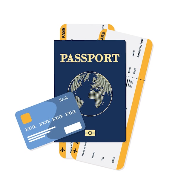 Passeport vectoriel avec billets Concept de voyage aérien ID de citoyenneté Design plat pour voyageur isolé Illustration de passeports de document international bleu
