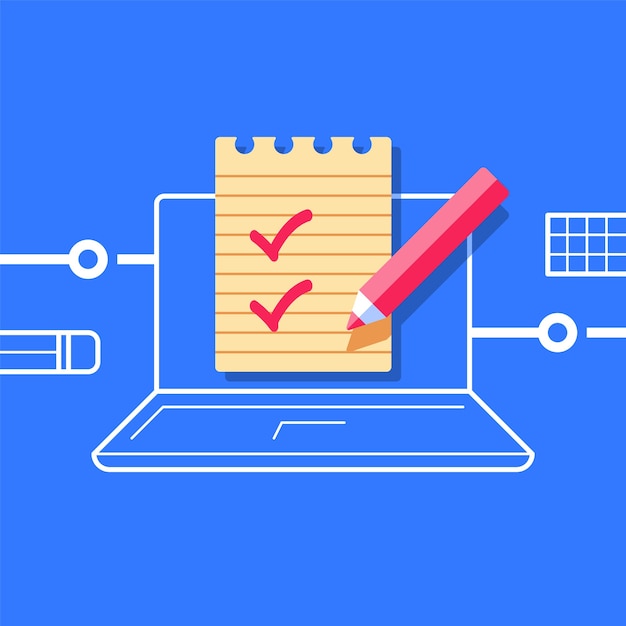 Vecteur passer un test, vérifier les connaissances, cours en ligne, préparation aux examens, concept d'éducation sur internet, liste de contrôle sur ordinateur, illustration