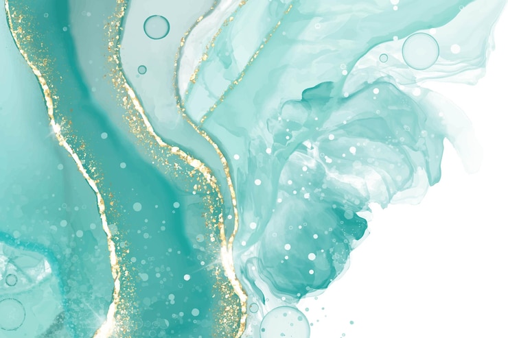 Vecteur pastel cyan menthe liquide fond aquarelle de marbre avec des lignes d'or et des taches de pinceau effet de dessin à l'encre d'alcool marbré turquoise sarcelle effet de dessin d'illustration vectorielle toile de fond aquarelle invitation de mariage