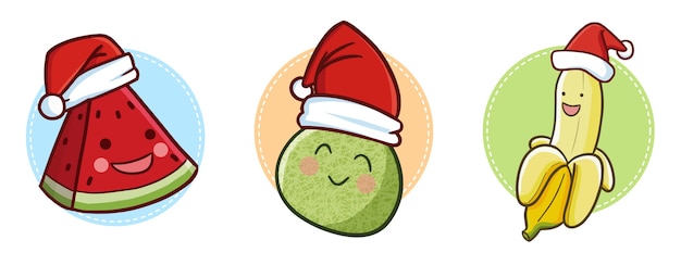 Pastèque, Melon Et Banane Kawaii Mignons Et Drôles Portant Le Chapeau Du Père Noël Pour Noël