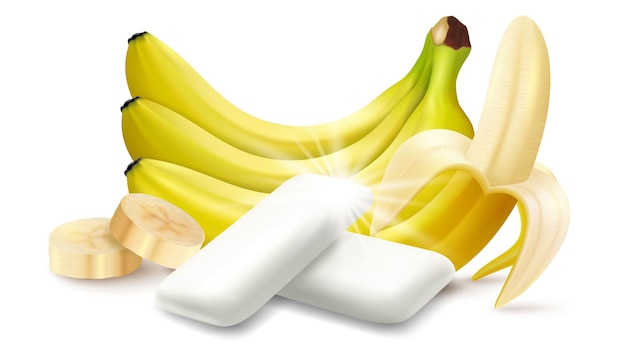 Pastilles de chewing-gum aux fruits réalistes avec saveur de banane Tampons à mâcher avec des bananes mûres fraîches Placement de produit Conception détaillée de l'étiquette Conception de l'emballage pour l'image de marque vecteur 3d