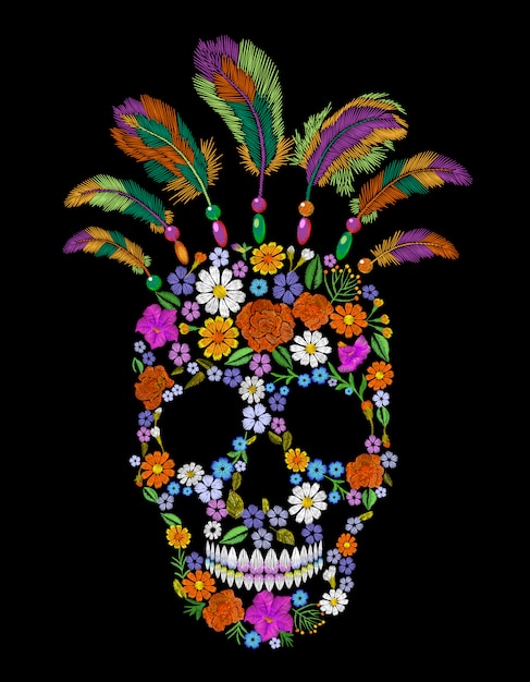 Patch De Mode Crâne Fleur Broderie, Ornement Mexicain Amérindien