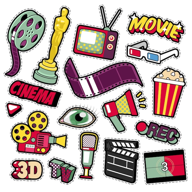 Patchs De Télévision De Film De Cinéma, Badges, Autocollants Fixés Avec Appareil Photo, Télévision, Bande. Doodle Dans Un Style Comique