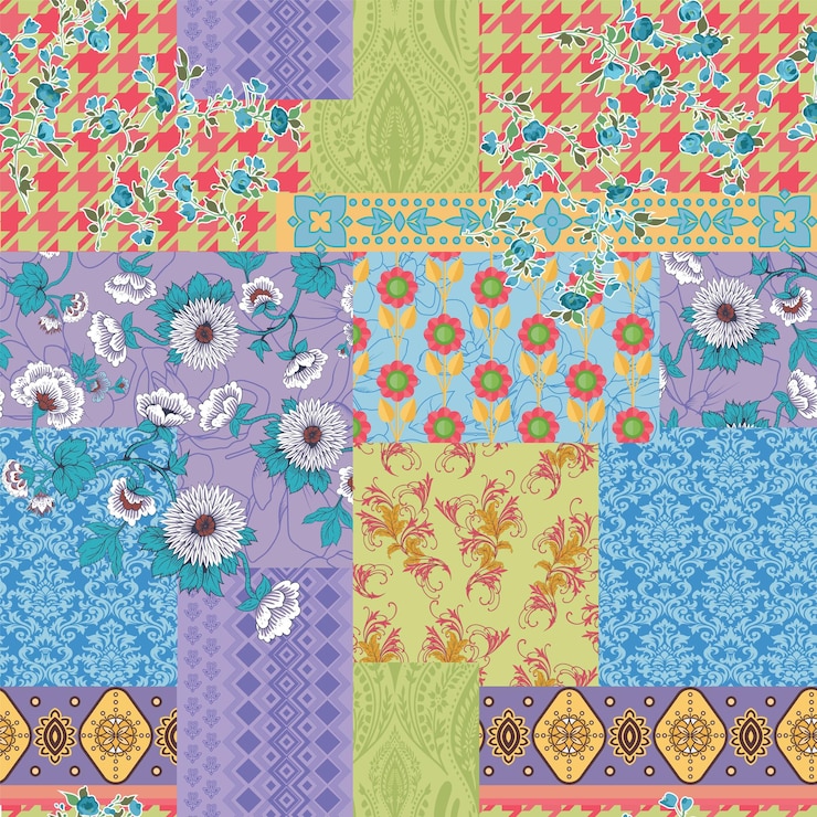 Vecteur patchwork floral coloré dans un motif sans couture de style rétro