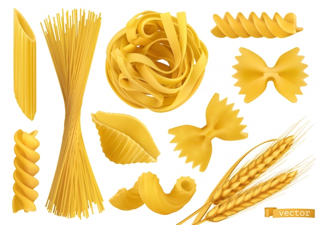Vecteur pâtes, ensemble d'objets vectoriels réalistes 2d. illustration alimentaire