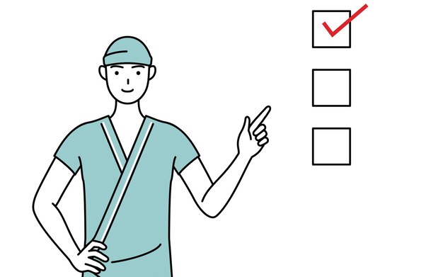 Patient admis de sexe masculin en robe d'hôpital pointant vers une liste de contrôle