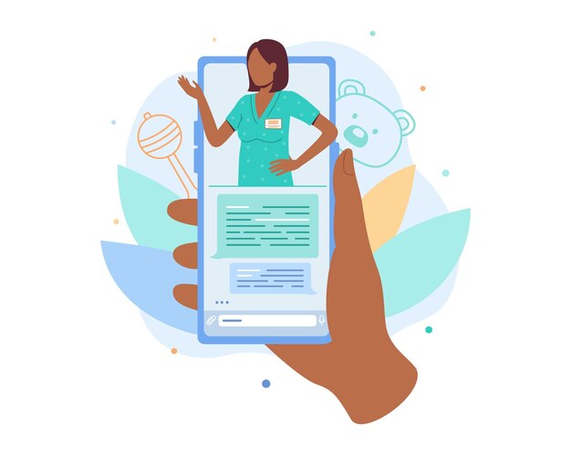 Le Patient Tient L'appareil Tout En Discutant Avec Un Médecin En Ligne Via Une Application Mobile Fournissant Des Services De Santé à Distance Consultation Médicale à Distance Pour Les Patients Illustration Vectorielle