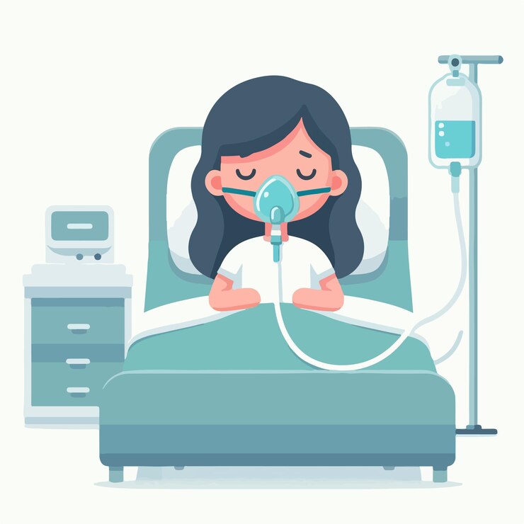 Vecteur patient vecteur couché dans un lit d'hôpital avec un masque à oxygène
