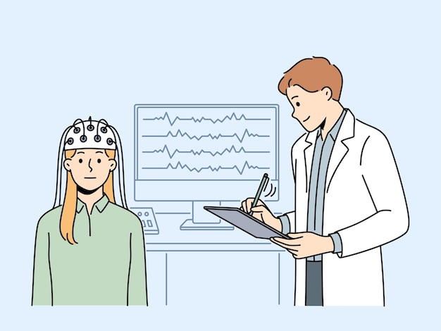 Vecteur une patiente fait un scan eeg en clinique