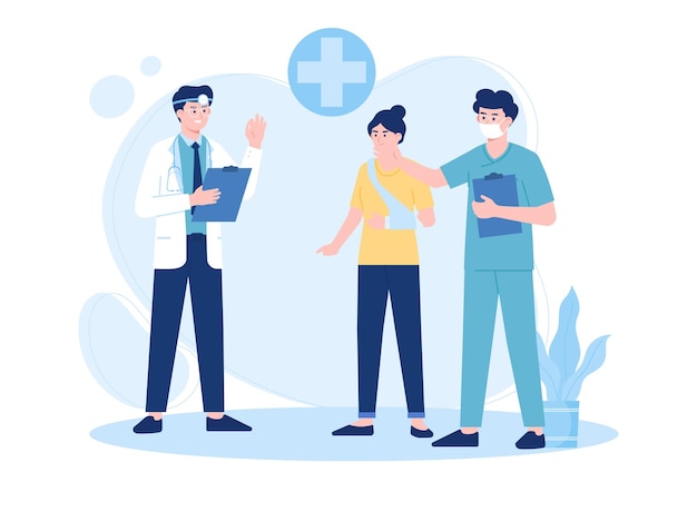 une patiente avec une main cassée consulte un médecin concept d'illustration plate