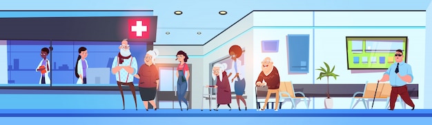 Patients et médecins intérieurs de hall d&#39;hôpital dans la bannière horizontale de salle d&#39;attente de clinique