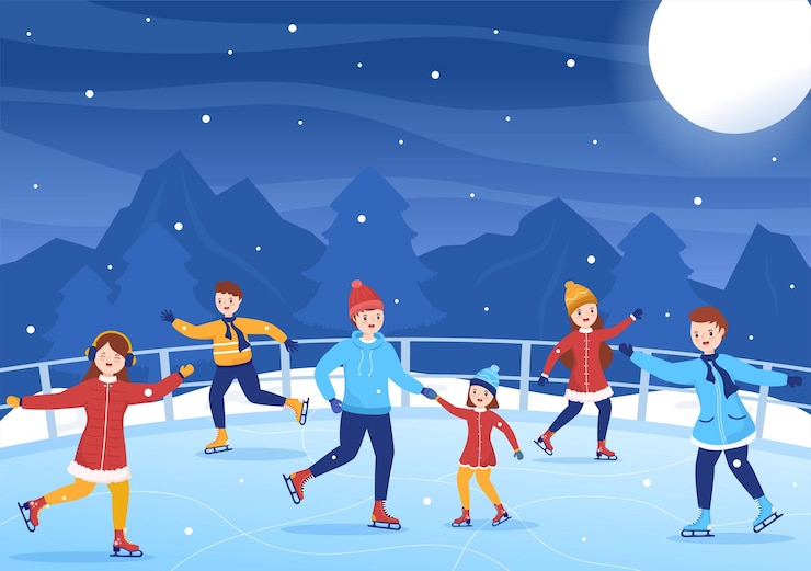 Vecteur patinage sur glace cartoon dessiné à la main illustration plate des activités sportives de plein air de plaisirs d'hiver sur la patinoire