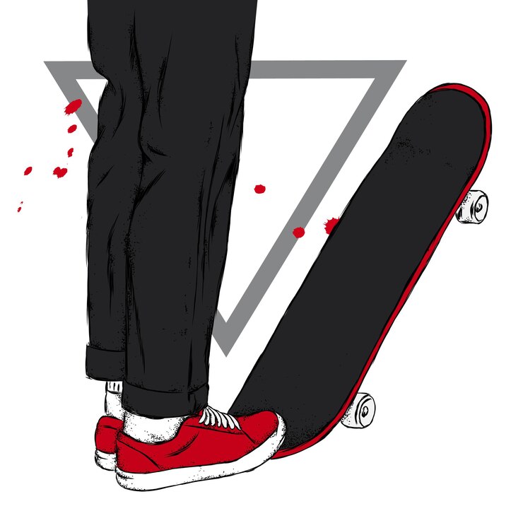 Vecteur patineur en baskets en jean et avec une planche à roulettes