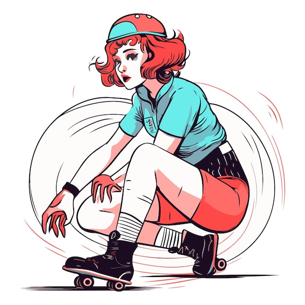 Vecteur patineur patinage à roulettes patins à roulets skateboard sport fille active jeune personne femme style dame design mignon illustration de dessins animés personnes amusantes