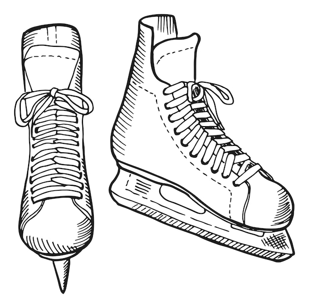 Patins à glace dessinant des bottes avec des lames tranchantes dans un style dessiné à la main isolé sur fond blanc