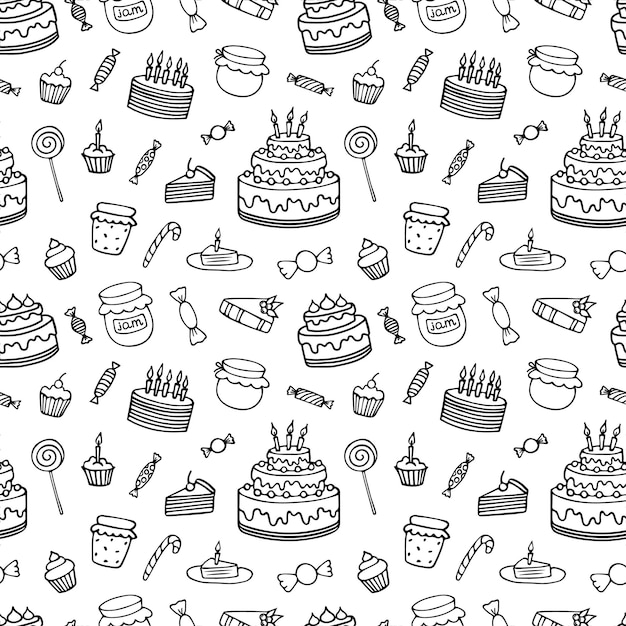 Vecteur pâtisseries et bonbons contour vectoriel doodle motif transparent fond avec des sucettes de gâteaux