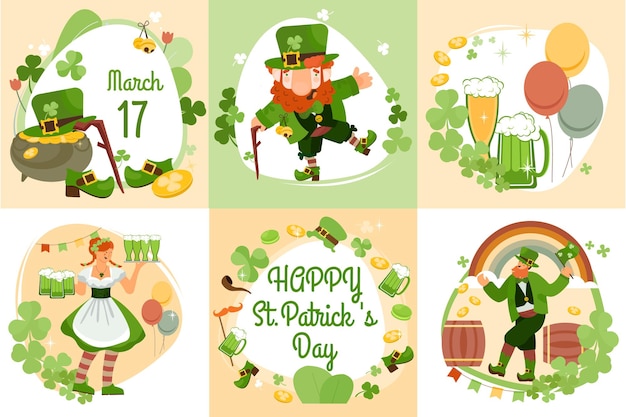 Patrick Day Set De Six Compositions Plates Avec Des Fleurs De Trèfle, Des Symboles De La Nation Irlandaise Et Une Illustration De Texte Modifiable