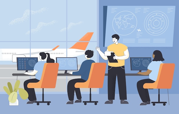 Patron et opérateurs dans la tour de contrôle à l'aéroport international. Personnes travaillant et contrôlant le vol de l'illustration vectorielle plane de l'avion. Transport, concept d'aviation pour bannière ou page de destination