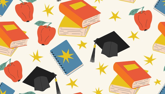 Patron sans couture dans le thème de retour à l'école avec des livres de style plat de dessin animé chapeau d'étudiant