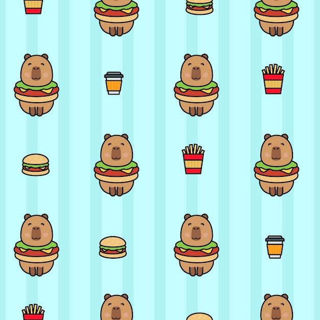 Patron sans couture vectoriel avec des capybares bébés drôles dans un hamburger avec des beignets sucrés
