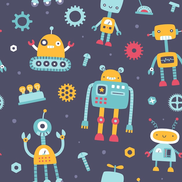 Pattern mignon avec des robots drôles pour les enfants Impression vectorielle naïve sans couture pour le textile et le tissu pour bébés