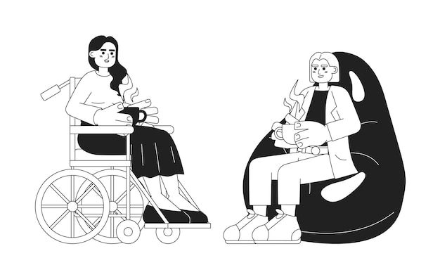 Pause Café Au Travail Illustration Plate De Dessin Animé En Noir Et Blanc Femme En Fauteuil Roulant Avec Café Dame Se Détendant Dans Une Chaise à Haricots Personnages 2d Linéaires Isolés Déjeuner Image Vectorielle De Scène Monochromatique Diversifiée