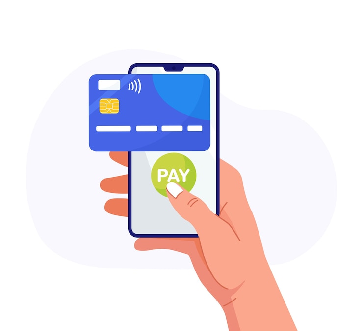 Vecteur payez par carte de crédit via porte-monnaie électronique sur téléphone. application bancaire mobile, paiement sans contact. la main tient le smartphone avec la carte bancaire virtuelle. achats par téléphone et carte de crédit connectée, monnaie numérique.