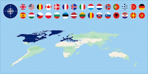 Vecteur pays membres de l'otan sélectionnés sur la carte du monde ensemble de drapeaux des membres de l'alliance