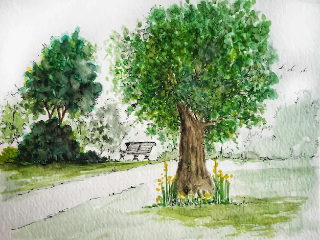 Vecteur paysage à l'aquarelle avec des arbres nature abstraite fond dessiné à la main