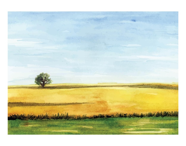 Paysage D'aquarelle Avec Un Champ Jaune