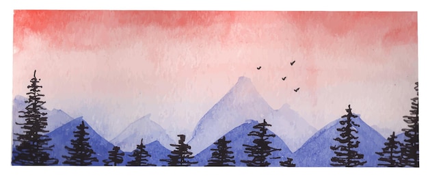 Paysage Aquarelle Avec Coucher De Soleil Rose Et Collines, Bannière