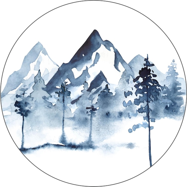 Vecteur paysage d'aquarelle dans des couleurs bleues avec des pins de montagnes et du brouillard