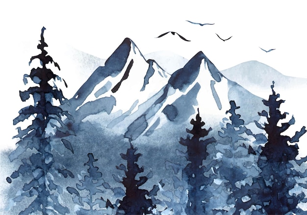 Paysage D'aquarelle Dans Des Couleurs Bleues Avec Des Pins De Montagnes Et Du Brouillard