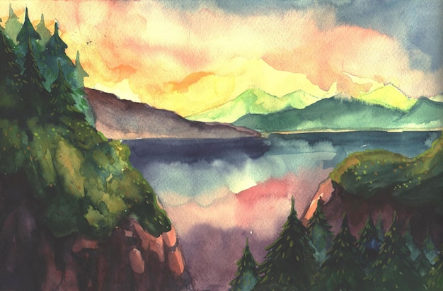 Paysage aquarelle dessiné à la main