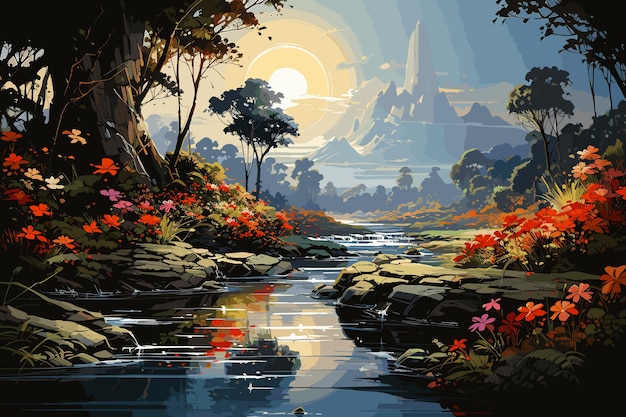 Vecteur paysage à l'aquarelle avec des montagnes, une forêt et une rivière devant un beau paysage