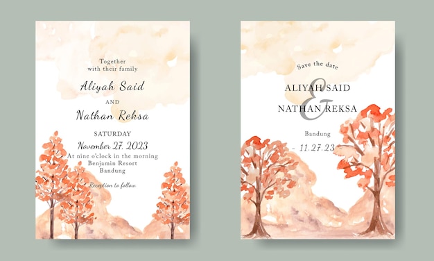 Paysage Aquarelle Orange Trees Mountain Avec Modèle D'invitation De Mariage Grunge