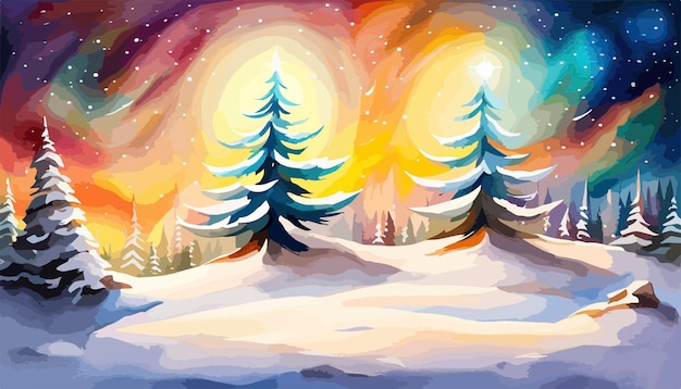 Vecteur paysage à l'aquarelle d'une scène hivernale avec une forêt couverte de neige ou des montagnes et complexe