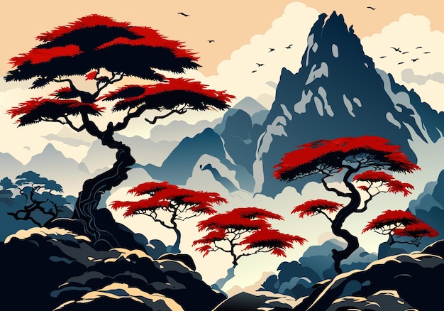 Paysage d'arbres de montagne de style encre aquarelle chinoise