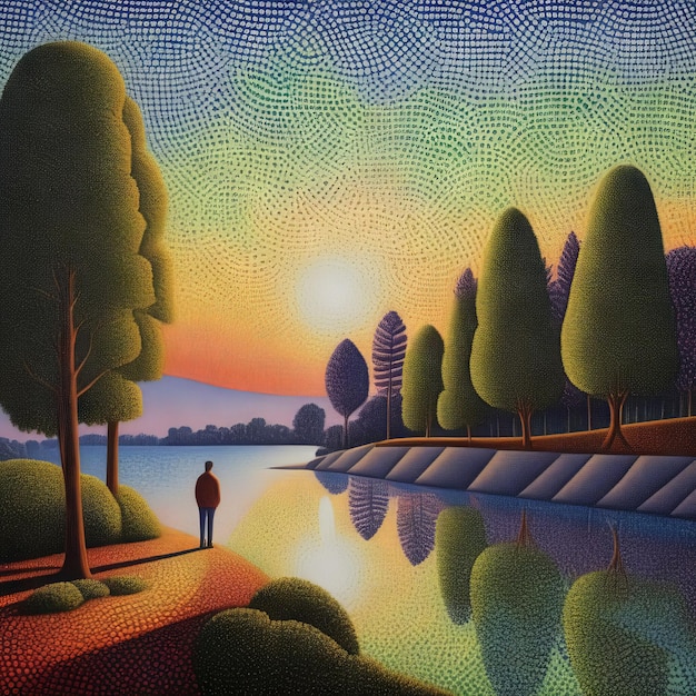 Vecteur paysage avec des arbres de rivière et le coucher du soleil paysage avec les arbres de rivières et le couchement du soleil